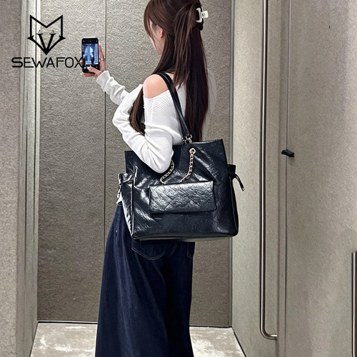 菱格链条双肩包大容量抽绳福袋包
