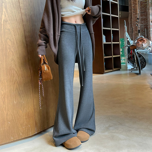 灰色羊毛喇叭裤女秋冬季加绒高腰
