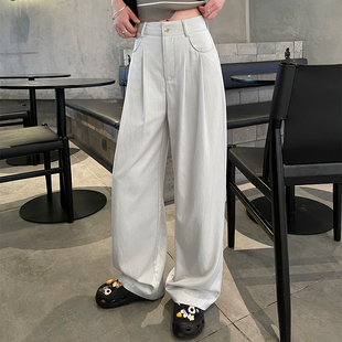灰白色工装裤女2024夏季高腰垂感阔腿裤休闲宽松美式直筒显瘦裤子