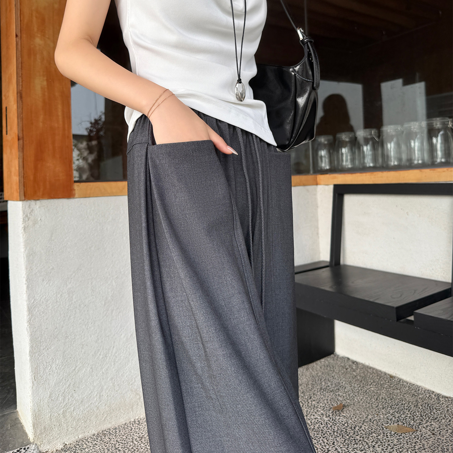 灰色阔腿裤女2026春夏新款高腰垂感宽松休闲直筒裤天丝羊毛西装裤
