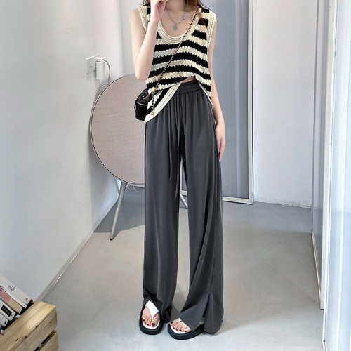 高腰开叉长裤显瘦拖地直筒裤