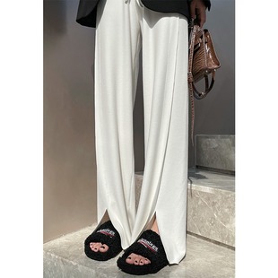 白色开叉阔腿裤 女春秋德绒软糯慵懒垂感高腰宽松显瘦开叉拖地长裤