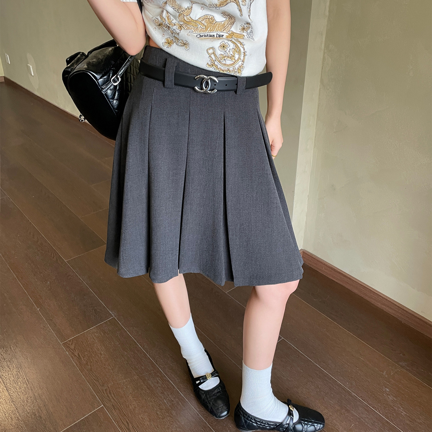 a字百褶裙女春秋新款垂坠感显瘦灰色半身裙miu系高智风百搭裙子