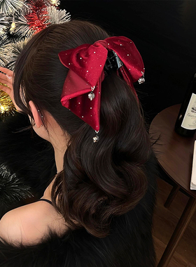 满天星丝绒抓夹马尾夹高级感时尚新中式吊坠红色蝴蝶结头饰发夹女