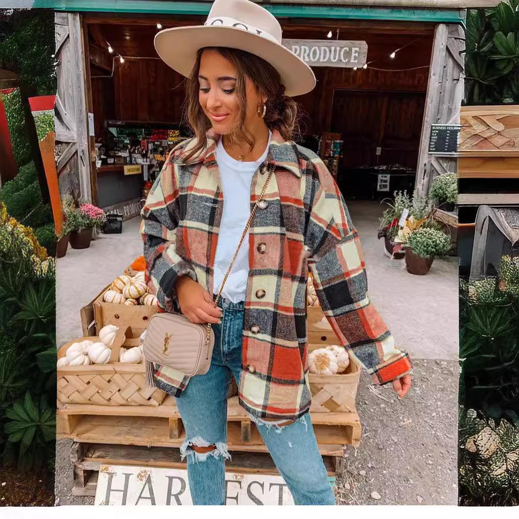 Midi Fit Street Sleeve Jacket Plaid Lapel Long Style Loose