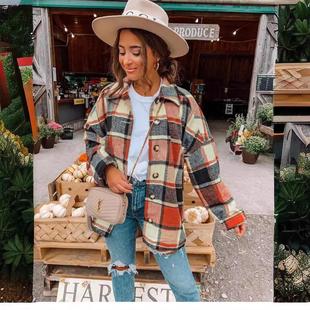 Sleeve Jacket Style Fit Loose Long Street Lapel Midi Plaid