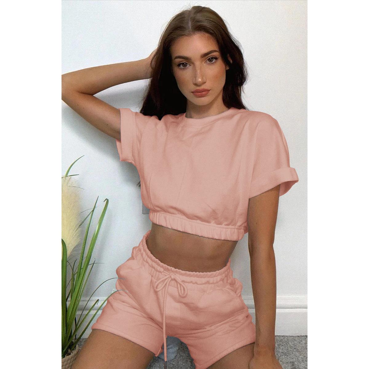 Short-sleeved waisted sweatshirt pants fashionable pockets