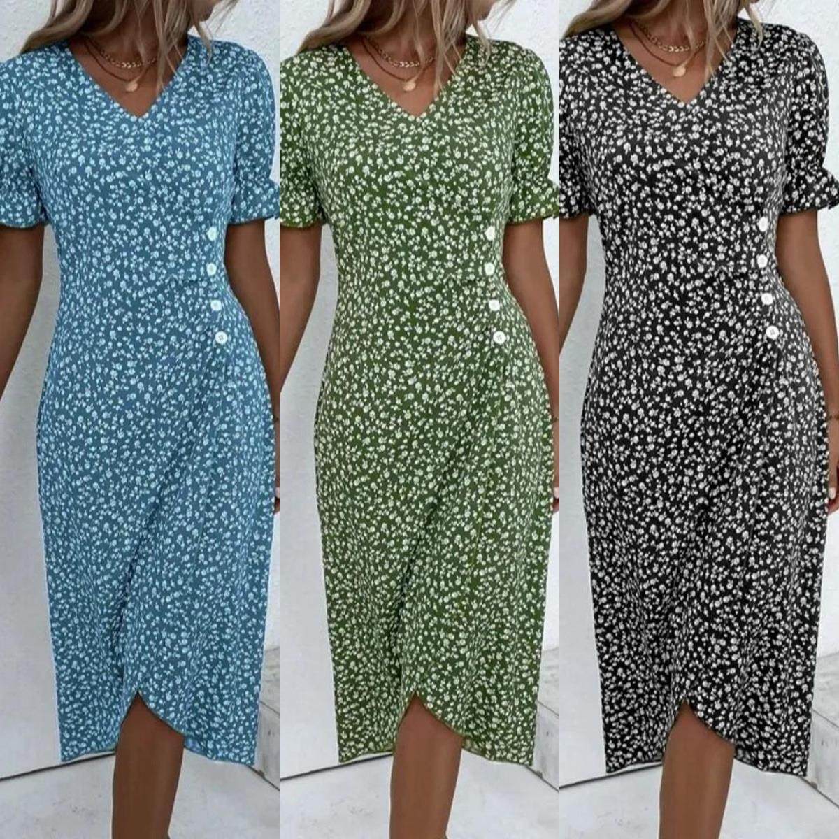 slits with dress wrap side-button floral short-sleeved