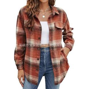 Shirt Button Long Woolen Jacket Plaid Sleeve Pocket Loose