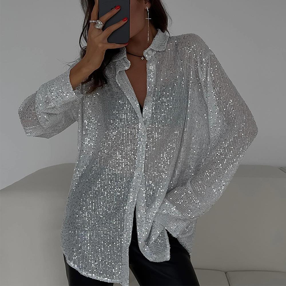 Shirt Womens Sleeve Long Loose Lapel Casual Fashion Sequin