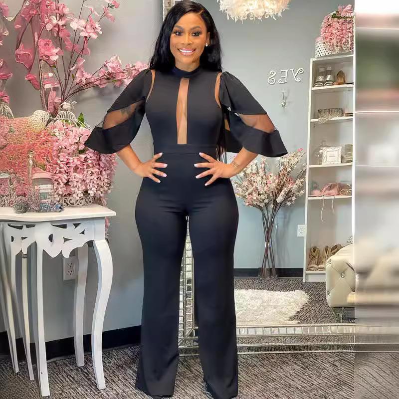 pants wide-leg jumpsuit button collar oblique color solid