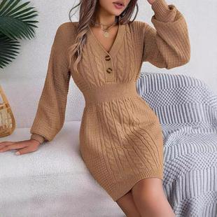 neck twisted sleeve hip women dress lantern wrapped