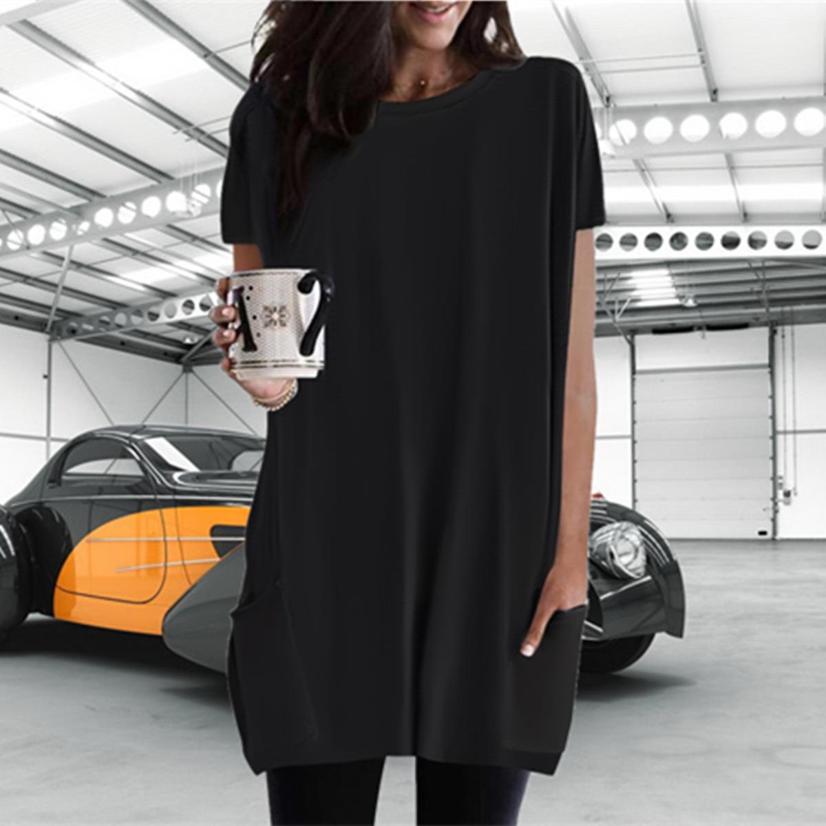 women solid color with pocket long simple shirt pullover