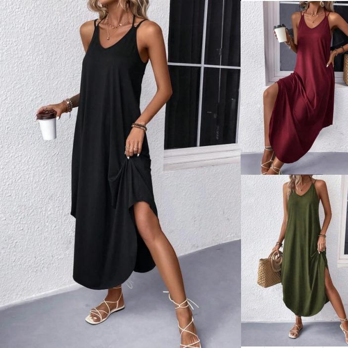 dress womens A-line color solid neck halter style suspender