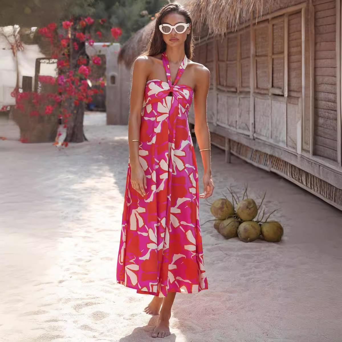 women for dress long bohemian A-line sleeveless halterneck