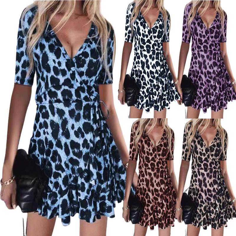 V-neck leopard skirt print womens nightclub ruffle dress