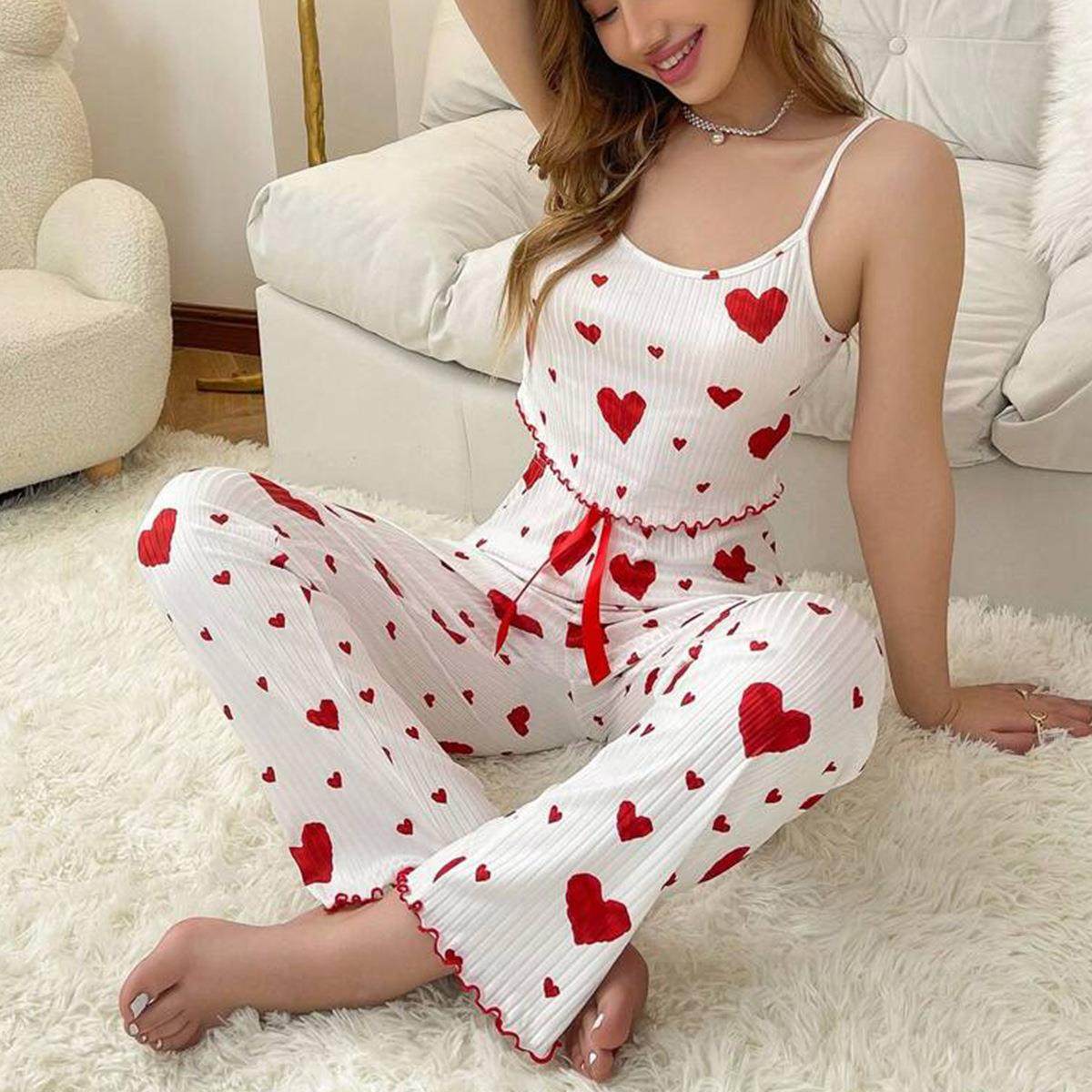 heart-shaped backless print pijama fit trim pants relaxed