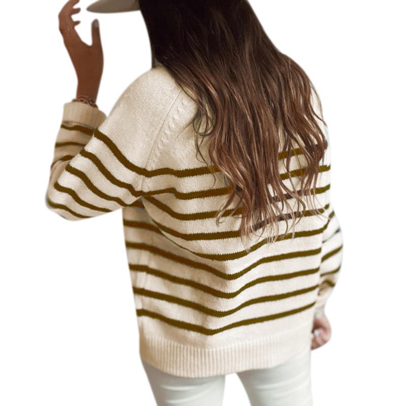 spring knitwear women half open collar stripes knit sweater