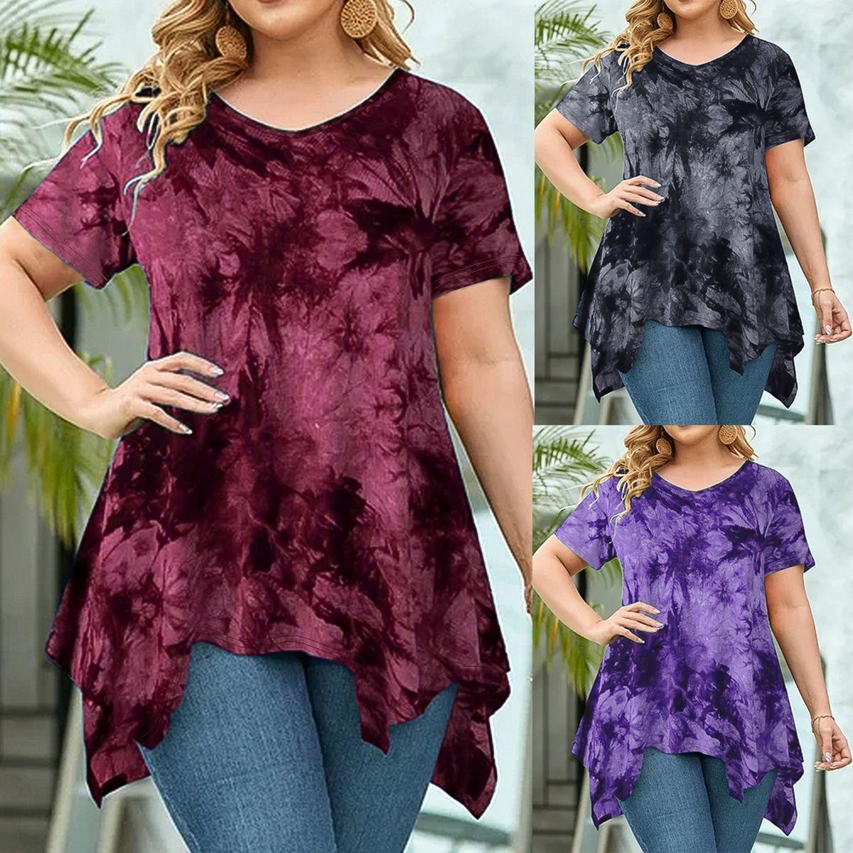 top loose short-sleeved hem irregular V-neck tie-dye womens