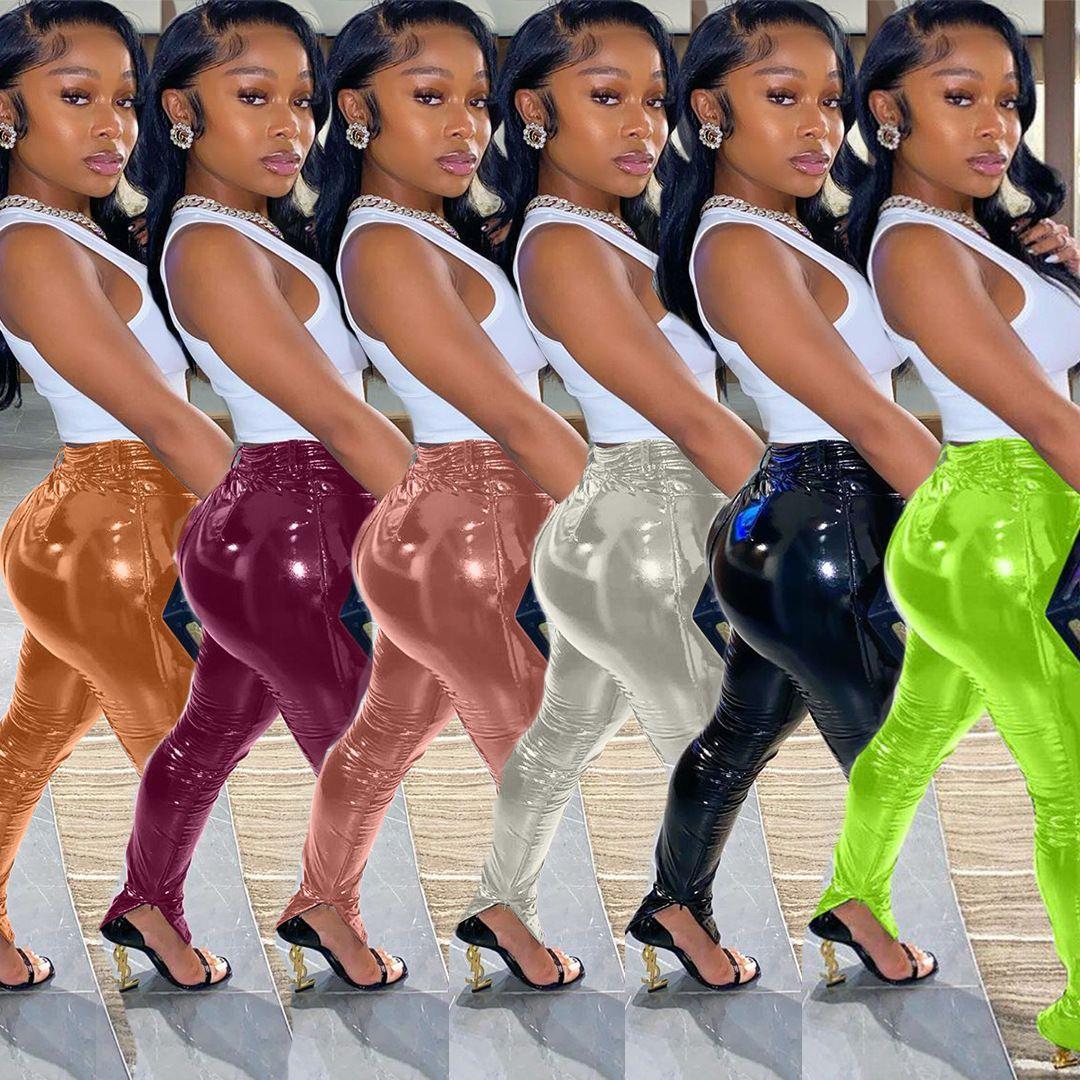 Plush and thickened leather pants with zipper slits shiny