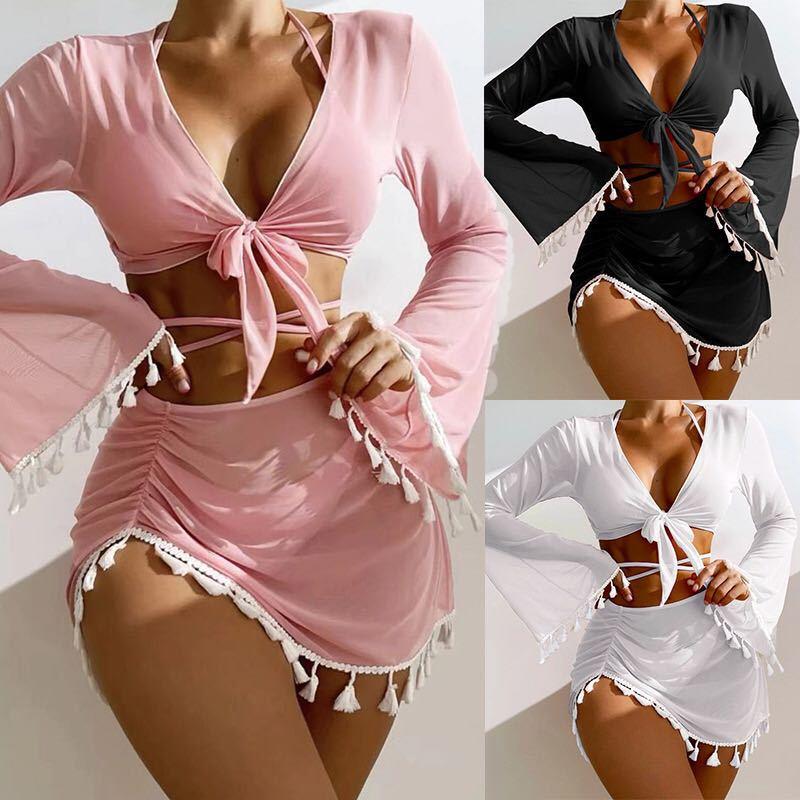 Swimsuit women solid color tassel mesh blouse short skirt