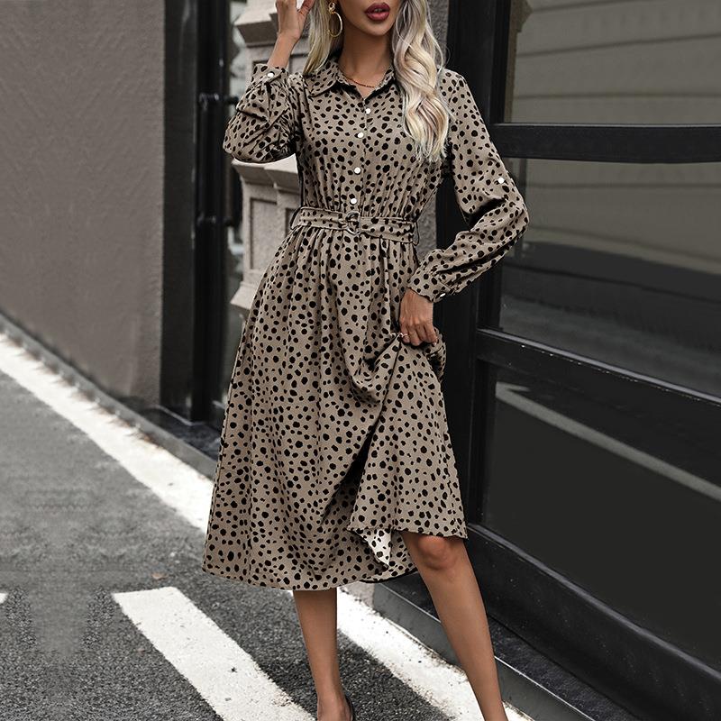 Women's Roll-up Long Sleeve Leopard Print Dress