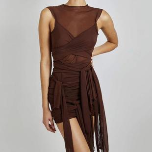brown ribbons mesh see through bodycon party dresses women