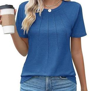 neck color round pleated sleeve solid short Womens shirt