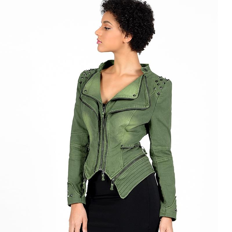 Womens motorcycle jacket rivet zipper denim large size slim