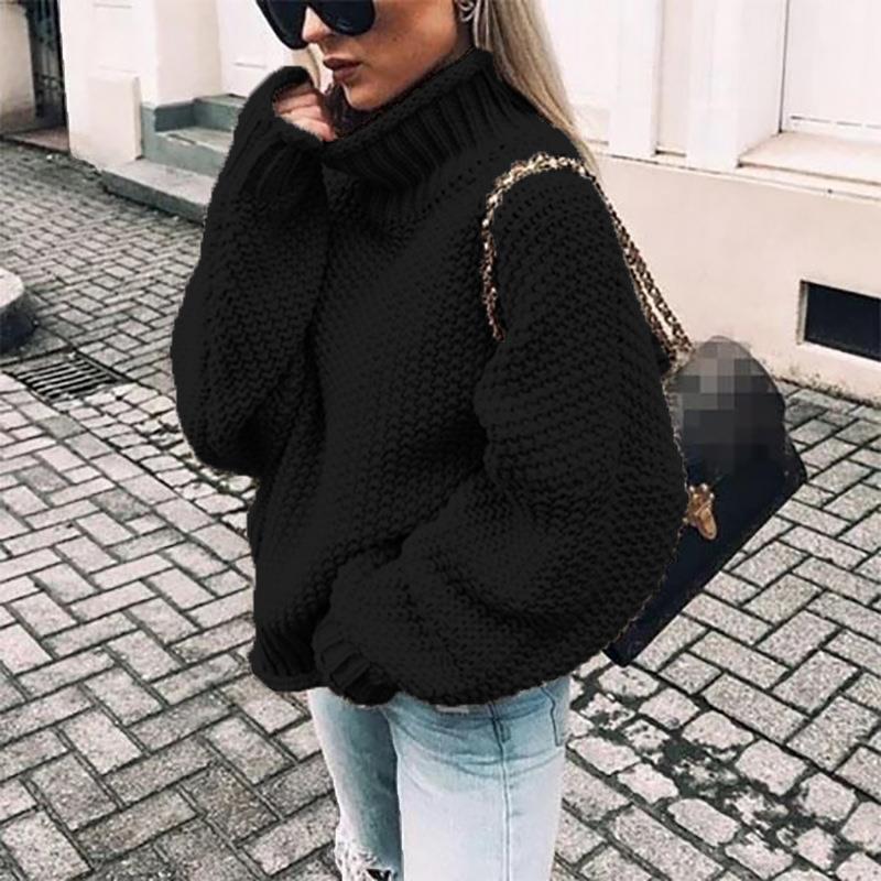 Womens thick yarn sweater with rolled-edge high collar and
