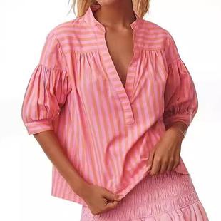 striped women for neck Womens casual shirt tube pleated