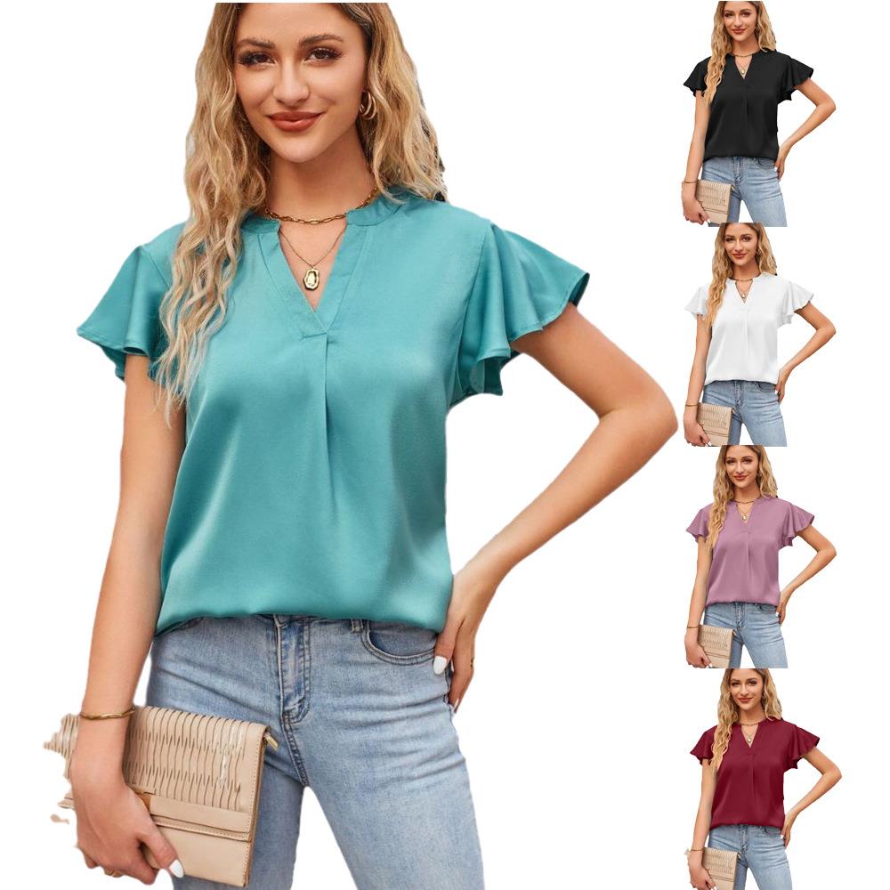 Women's Satin V-neck Lotus Sleeve Fashion Office Work Top