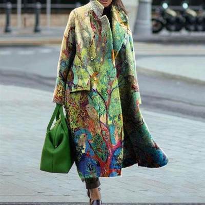 Womens loose large size printed windbreaker lapel coat for