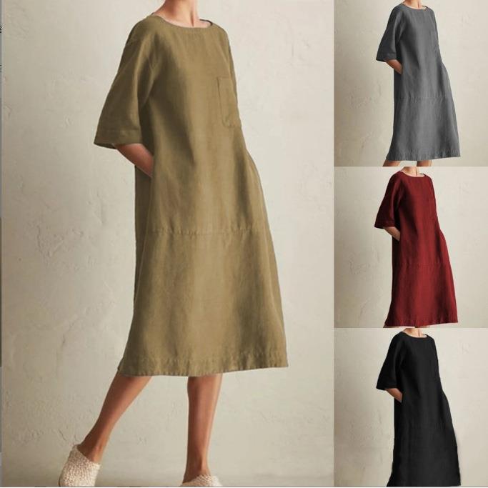 cotton size casual dress pocket neck sleeve womens linen