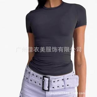 sleeve round Womens long shirt elastic top casual neck slim