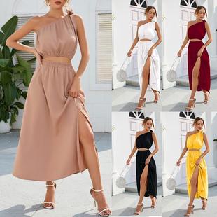 Off shoulder Swing Slit piece Suit Two Bowknot Fashion