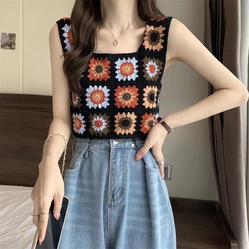 sling flower hook hollow womens vest short knitted collar