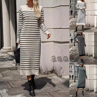 Winter slim fit two-toned womens sweater striped long skirt