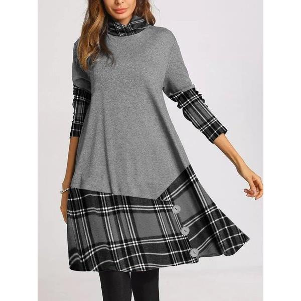 dress long-sleeved stitching plaid long-sleeved irregular