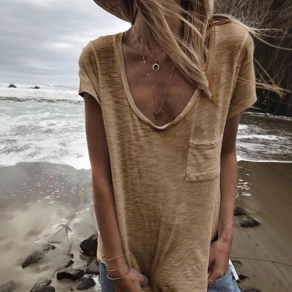 women casual -shirt side slit hem pullover tops patch