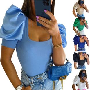 Fashion Neck Slim Splicing cut Puff Low Threaded shirt