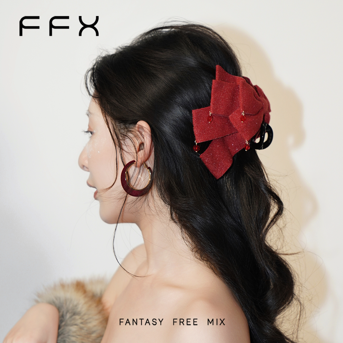FFX弗弗西灵蝶幻梦绒面蝴蝶结抓夹女高级感细闪爆头高颅顶头包脸