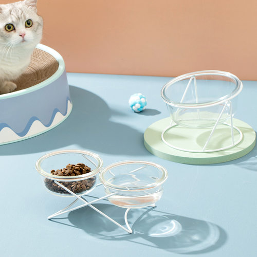 新品玻璃猫碗猫咪食盆狗盆狗碗饮水碗粮碗保护颈椎宠物用品陶瓷双