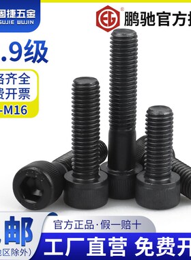 M2-M16杯头螺栓鹏驰12.y9级合金钢高强度圆柱头黑色内六角螺丝钉