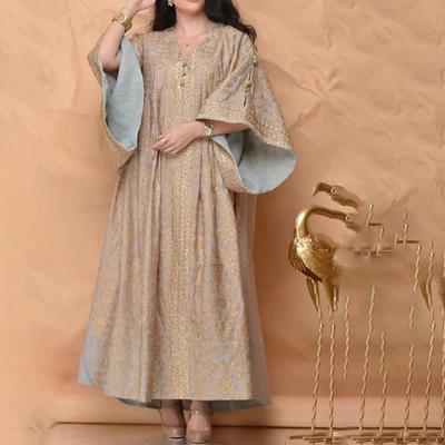 robe dress sleeve trumpet loose embroidery gold V-neck