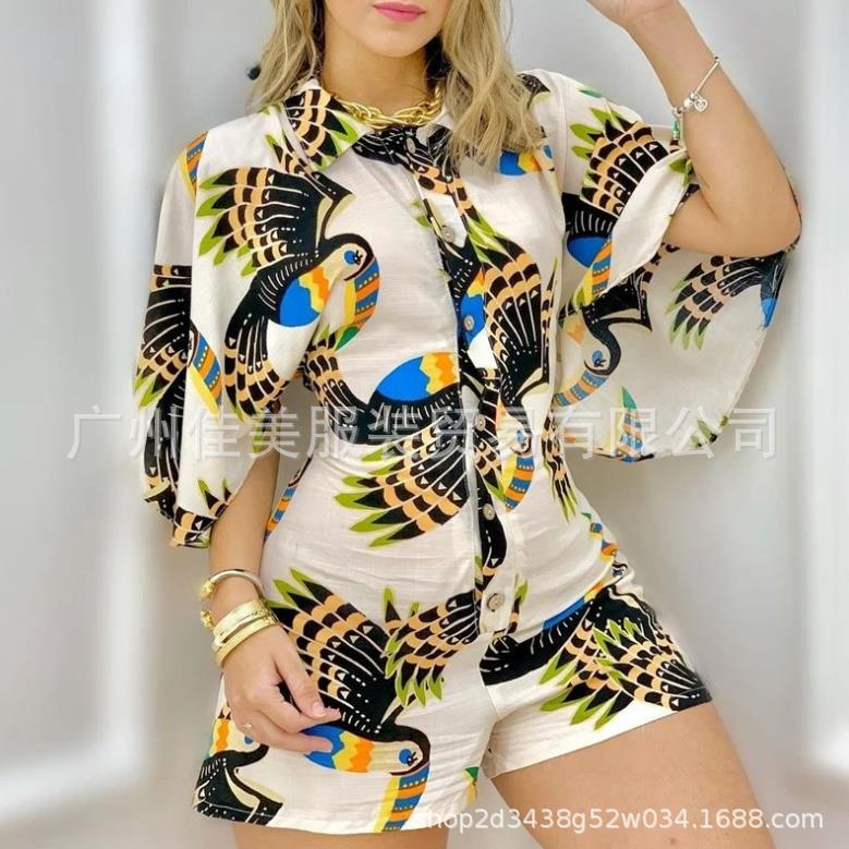 Lapel button-down mid-sleeve shirt jumpsuit for women