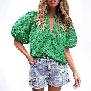 Hollow Lantern Embroidery Sleeve Shirt Neck Button Lace