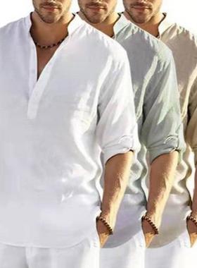 Mens linen long-sleeved T-shirt loose sweatshirt solid