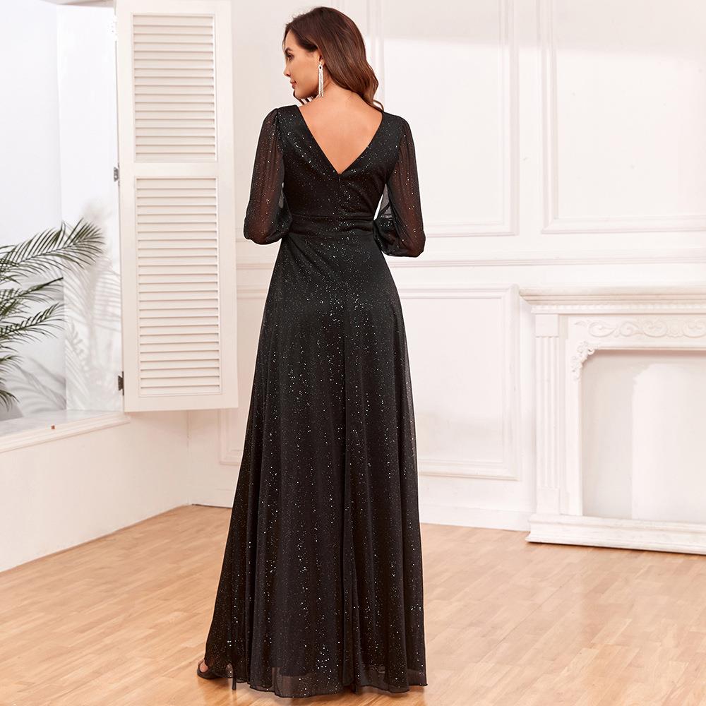 gown evening lined fully shiny hem wide slit high V-neck