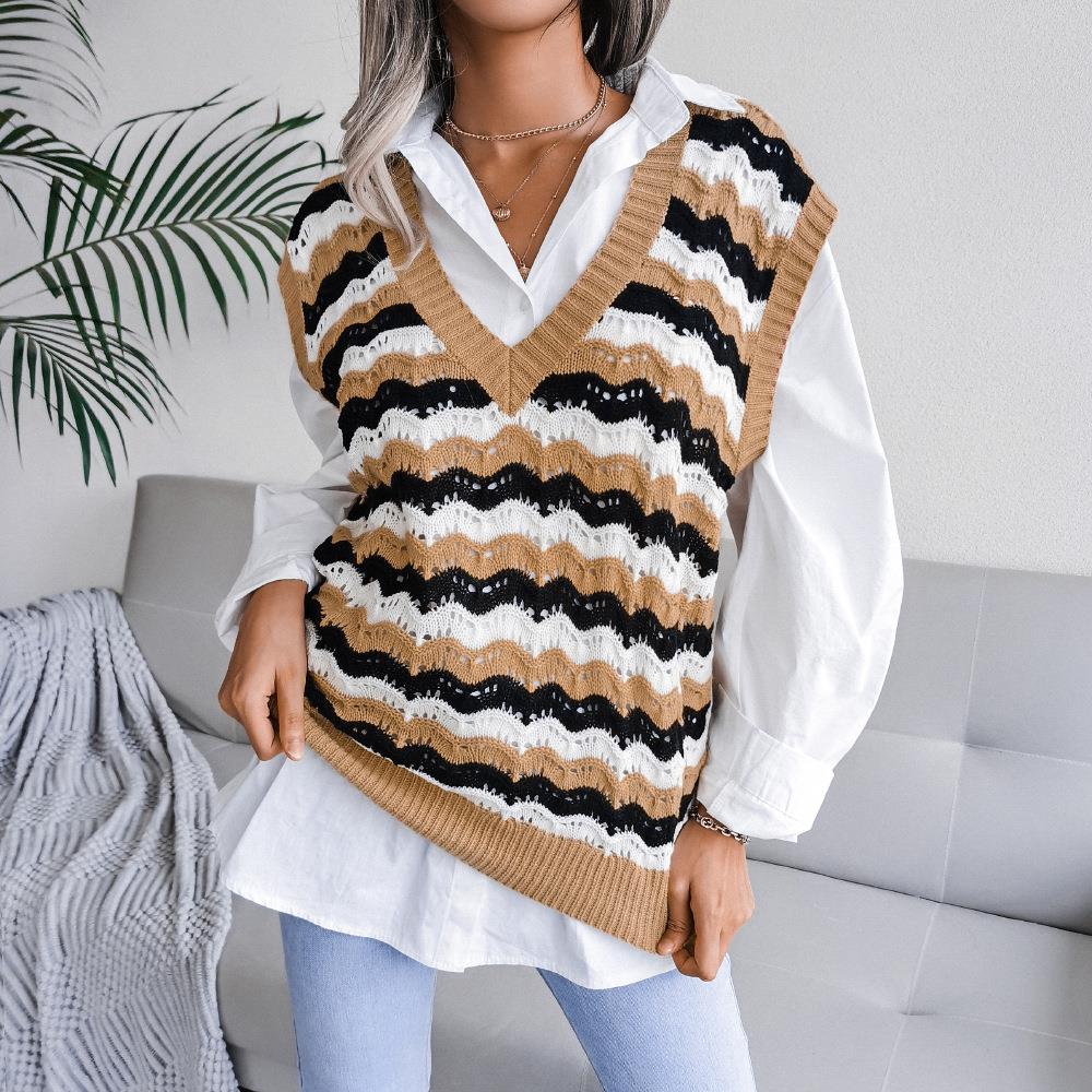 INS style V-neck hollow striped vest sweater for women